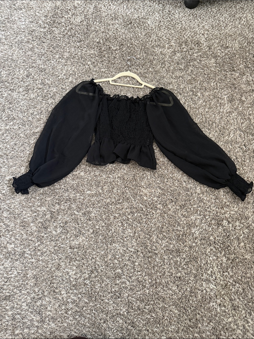 Nasty Gal Black Smocked Off-Shoulder Crop Top with Balloon Sleeves